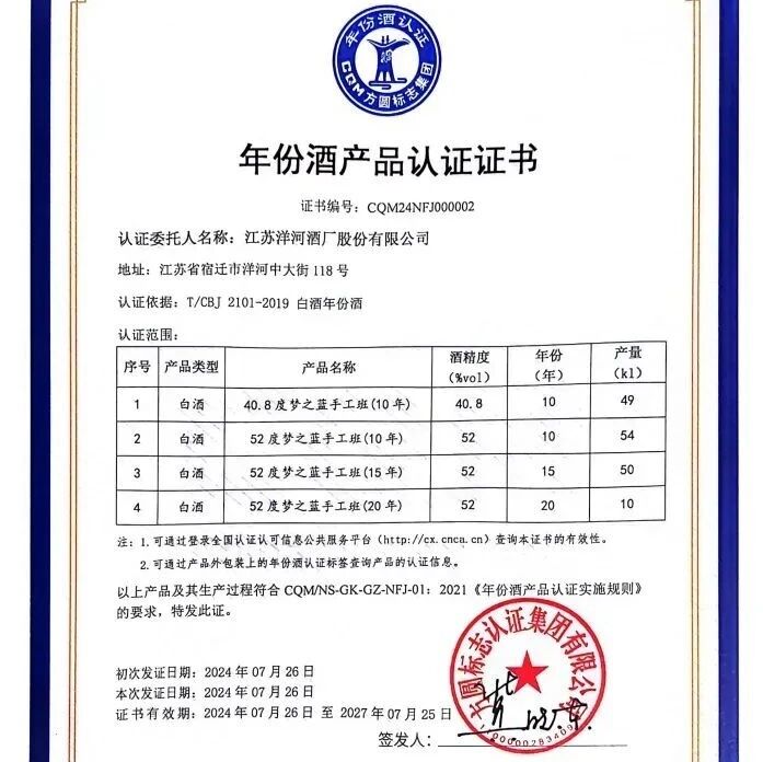 『洋河005』手工班获得权威年份认证